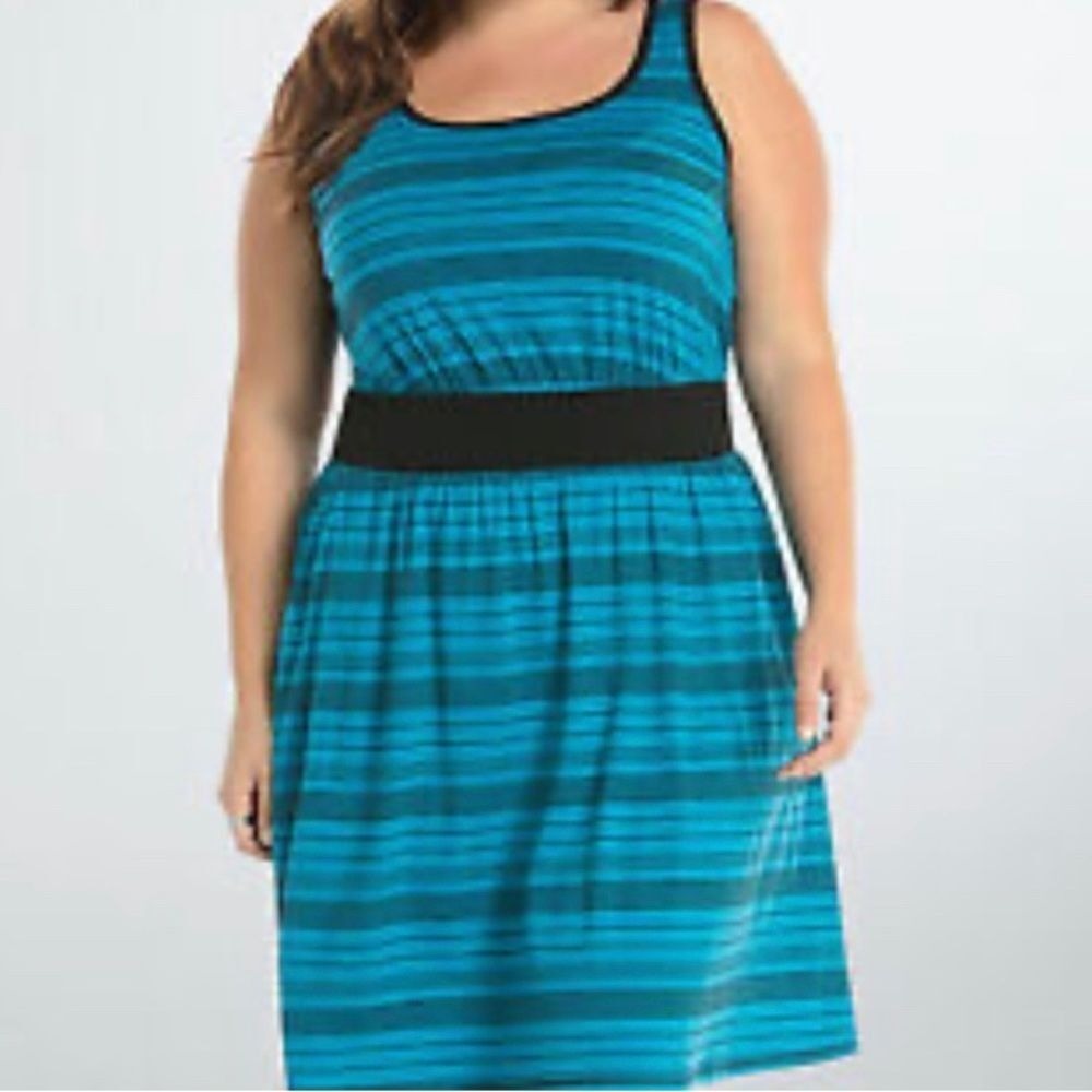 Torrid Striped Tank Dress Plus Sz 1 Blue Black Elastic Waist Pocket‎ Midi Summer